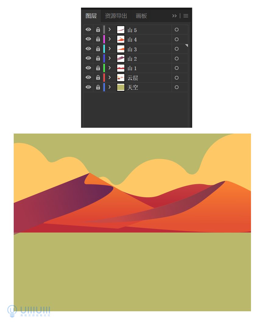 AI教程！噪点质感扁平沙漠场景插画
