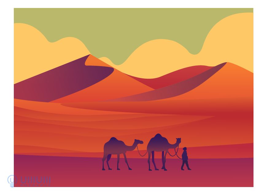 AI教程！噪点质感扁平沙漠场景插画