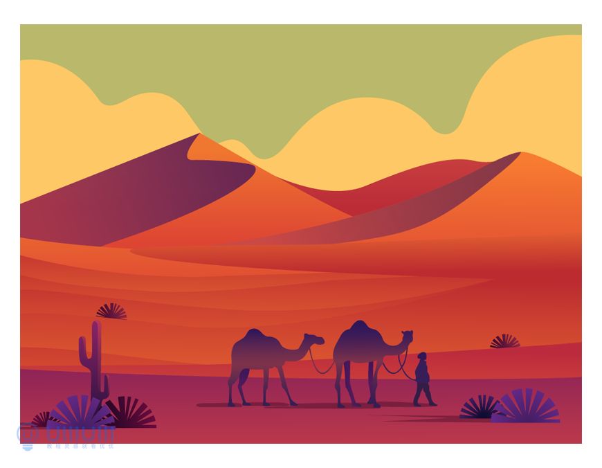 AI教程！噪点质感扁平沙漠场景插画