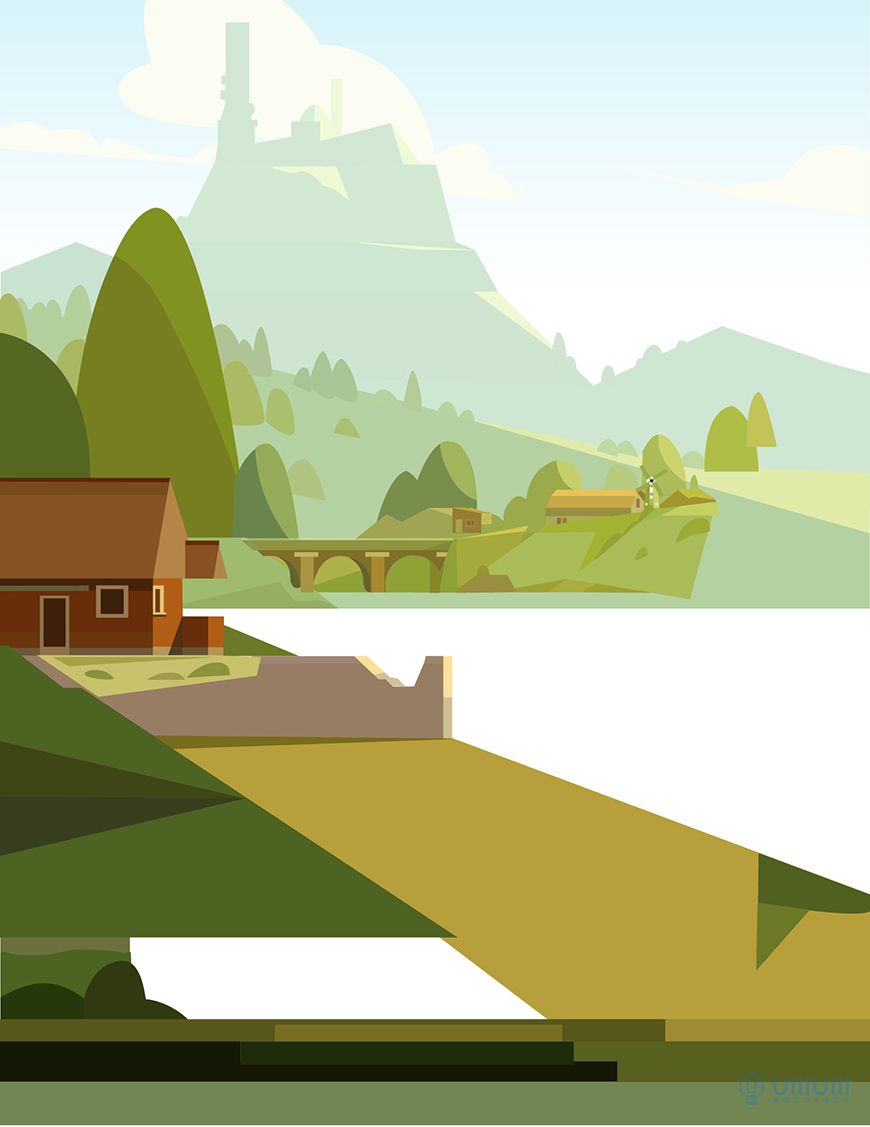 AI教程！教你用几何形状绘制扁平风野外场景插画