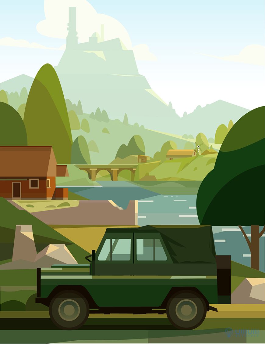 AI教程！教你用几何形状绘制扁平风野外场景插画