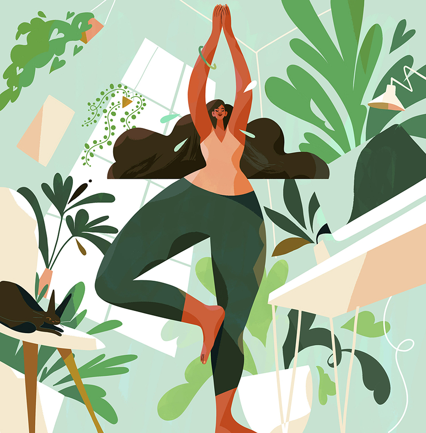 AI教程！扁平风格瑜伽少女场景插画